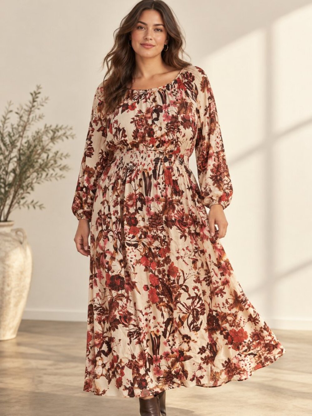 H&M Floral Smocked Waist Long Sleeve Dress XL
